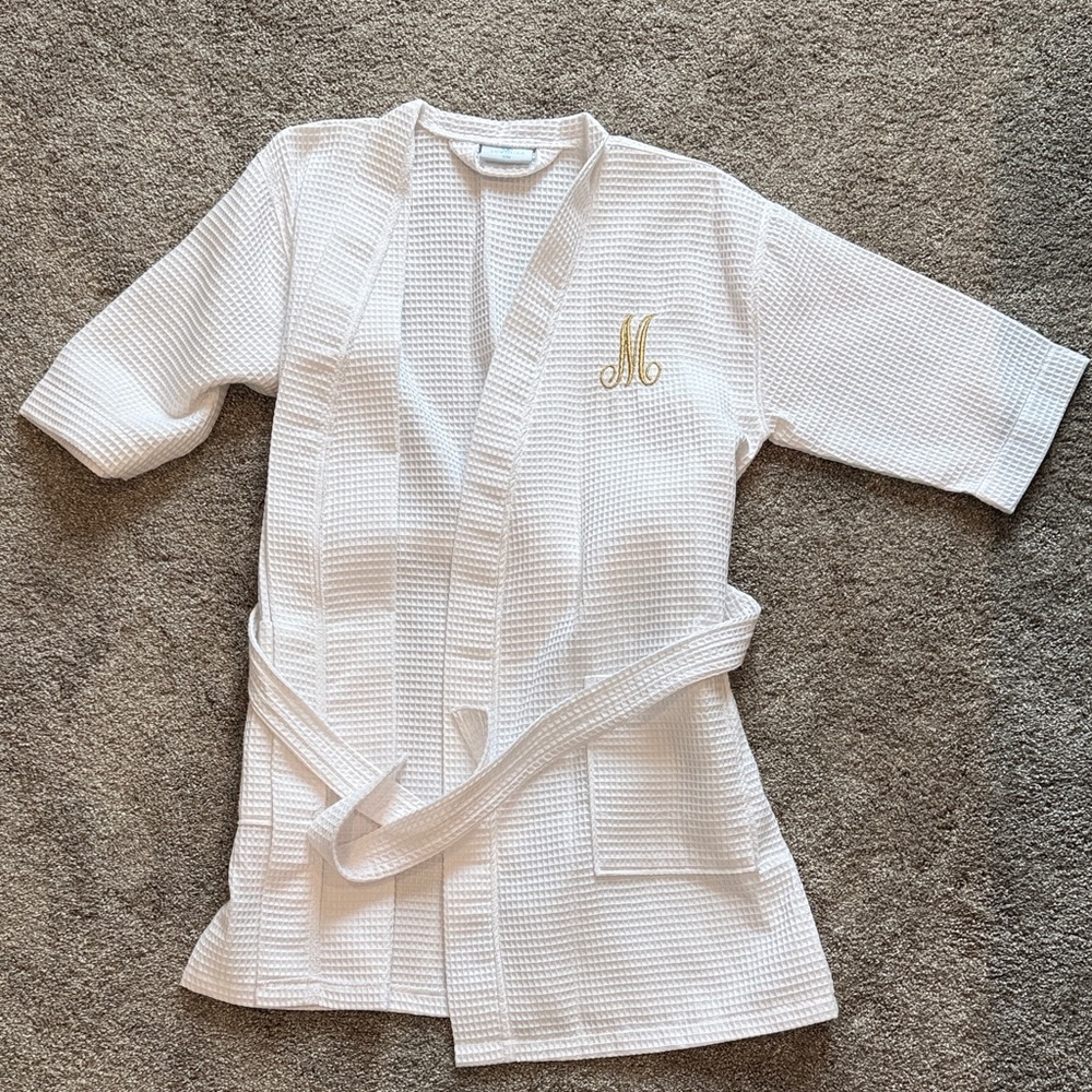 White Waffle Knit Robe with Gold Monogram